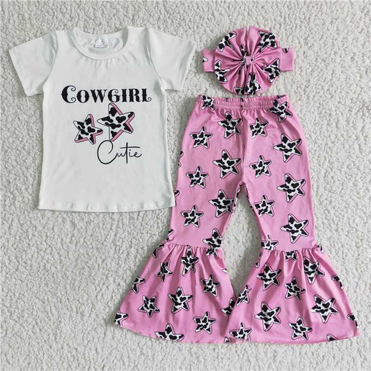 cowgirl shirt cow Star bell pants girls sets kids clothes with bow