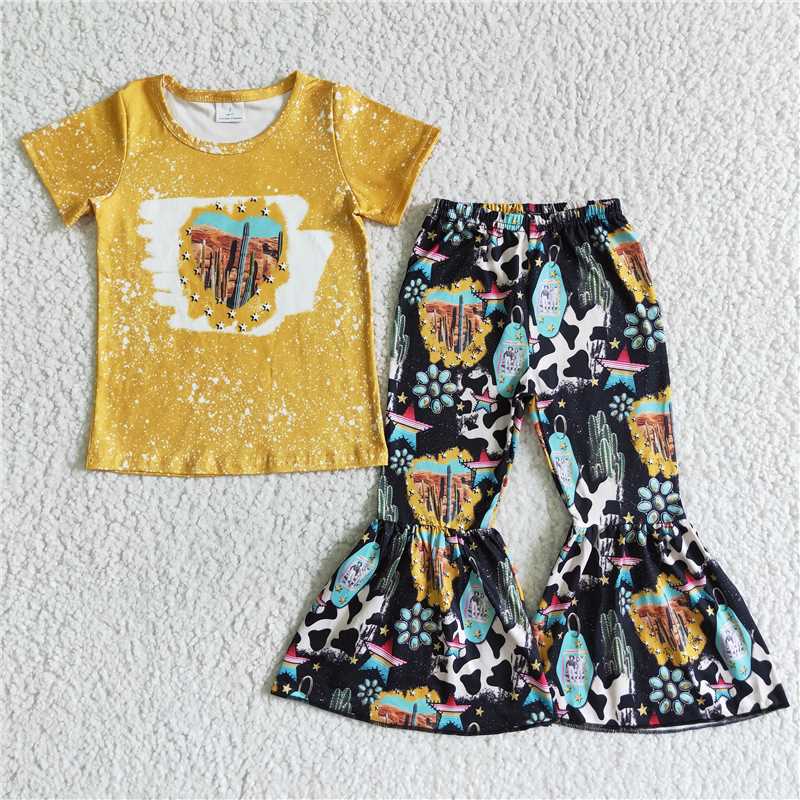 Western cactus shirt cow bell pants girls sets kids clothes