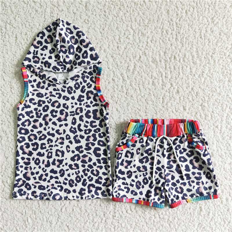 Leopard print summer sets hooded sleeveless shirt and shorts 2 pieces suit