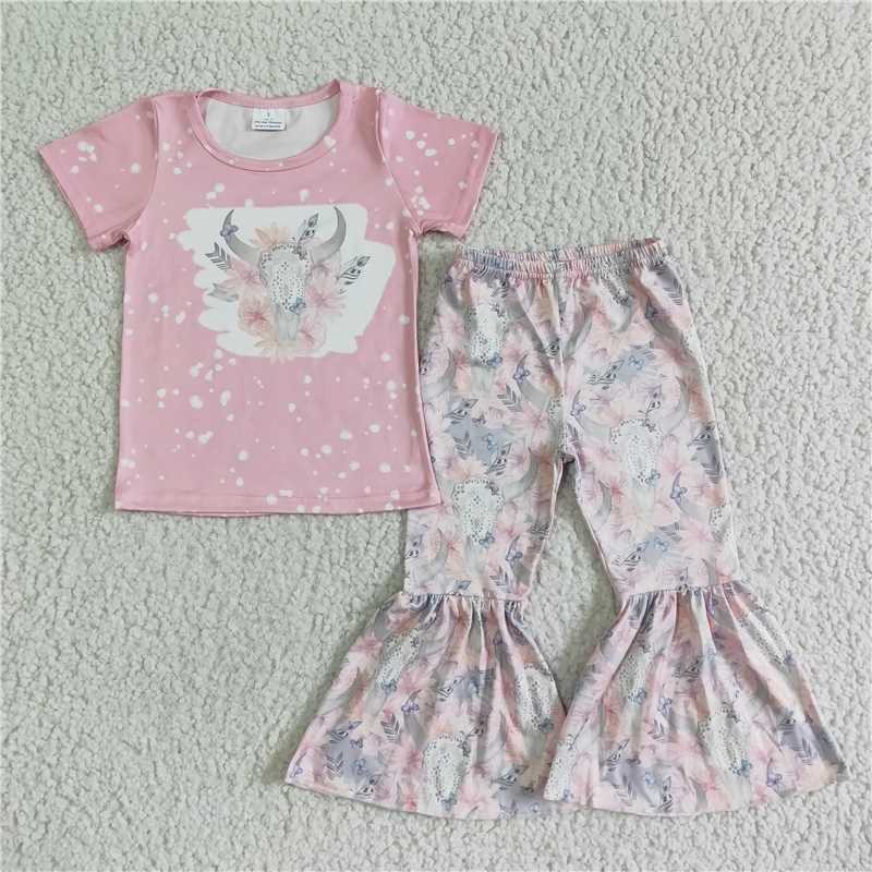 pink cow shirt flower bell pants girls sets kids clothes