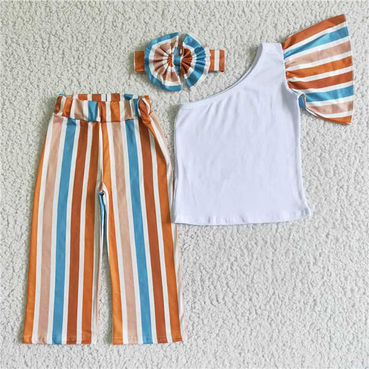 half sleeve short sleeve shirt stripe pants girls sets with bow kids clothes