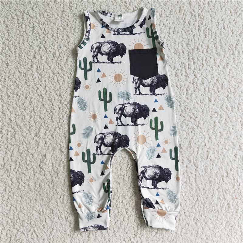 Cactus Cow sleeveless boys rompers with pocket