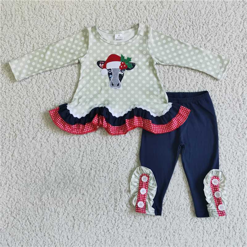 Merry Christmas girls embroidery cow outfits 2 pieces fall winter sets