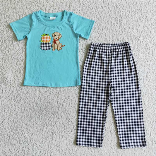 Embroidered Dog Pumpkin fall boys outfits shorts sleeve shirt and long pants sets