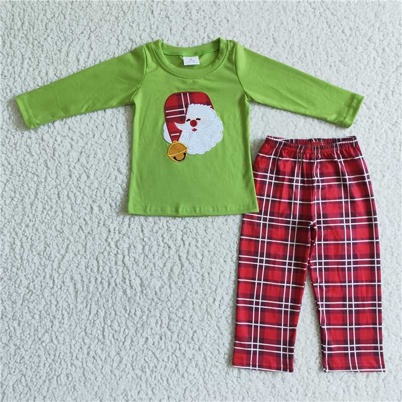 Santa Claus christmas pajamas suit boy fall winter sets green long sleeve shirt red plaid pants outfits