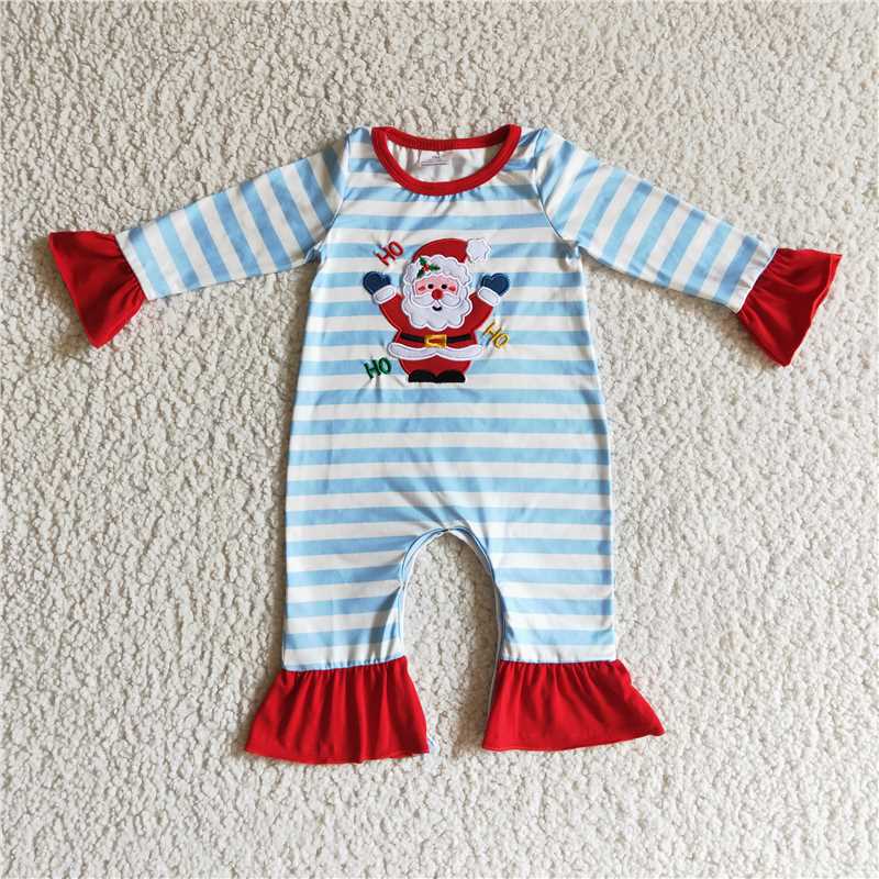 blue Striped embroidery santa Christmas boys match girls rompers