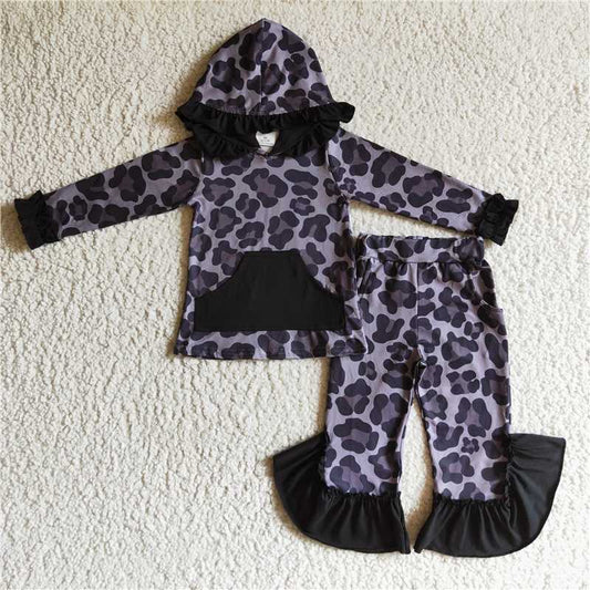 Leopard girl fall winter hooded long sleeve top and long pants set