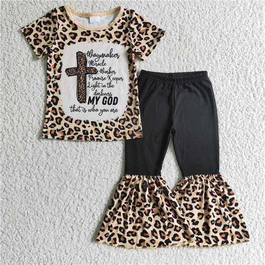 cross short sleeve shirt Leopard bell 2 pieces girls sets kids clothes