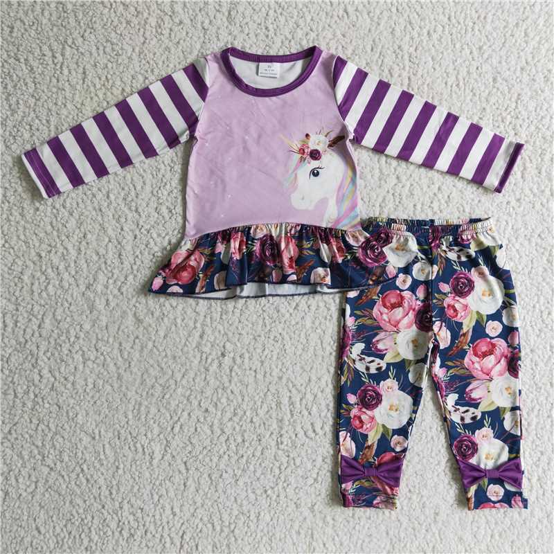 unicorn shirt and flower pants 2 pieces girls outfits kids clothes