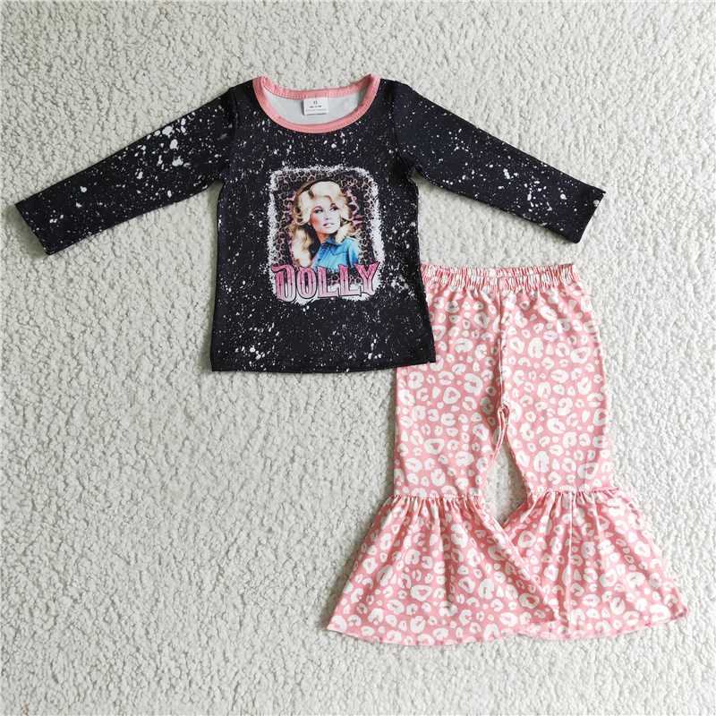 dolly shirt and leopard bell pants 2 pieces girls outfits kids clothes