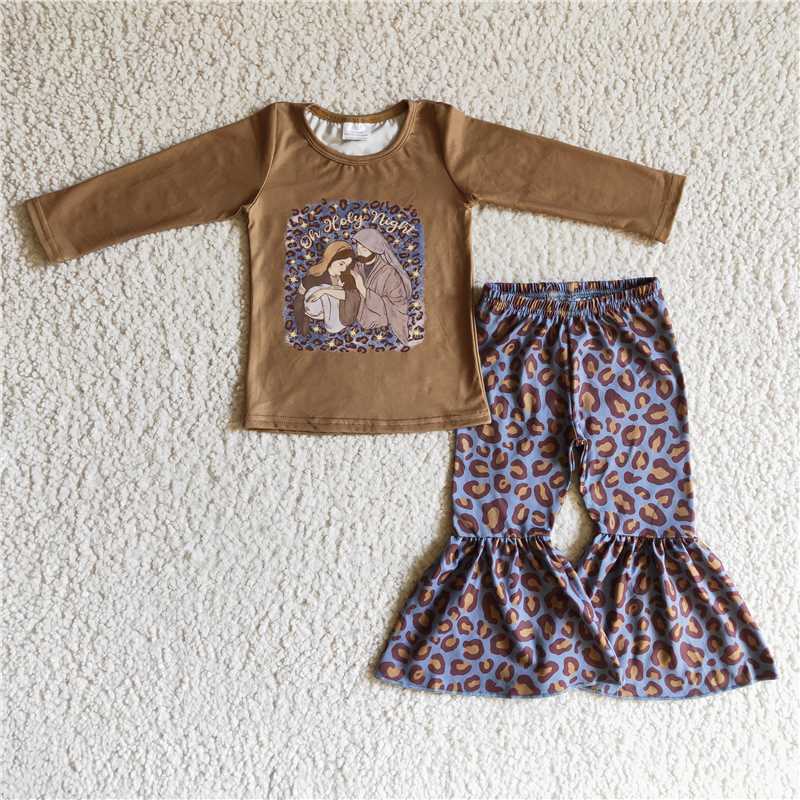 jesus shirt and leopard bell pants 2 pieces girls outfits kids clothes