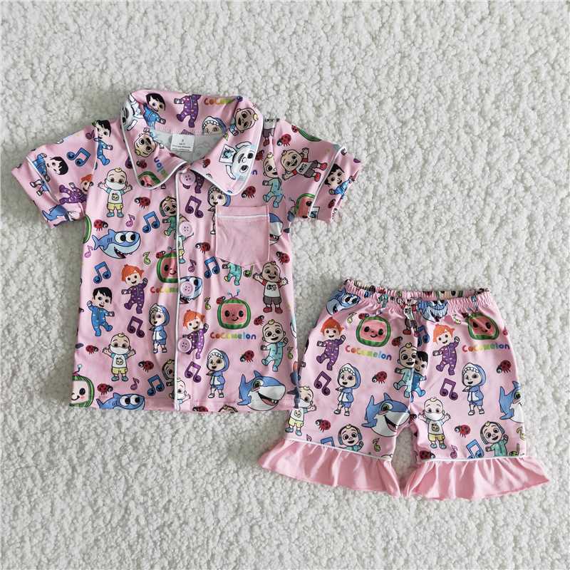 carton pocket pajamas boys match girl summer sets 2pcs suit