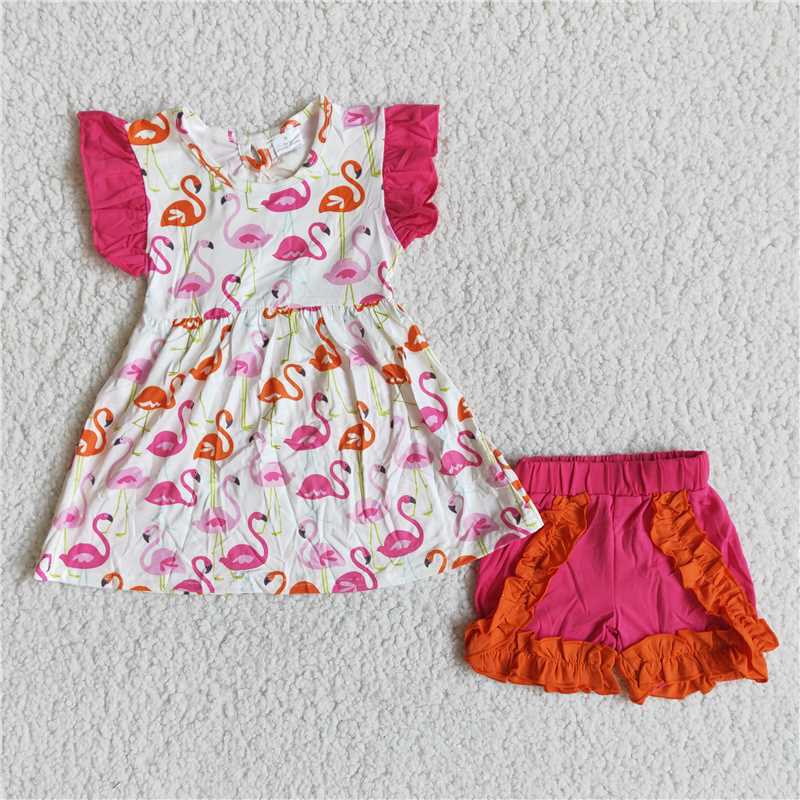 flamingo girls set summer short sleeve top & shorts sets