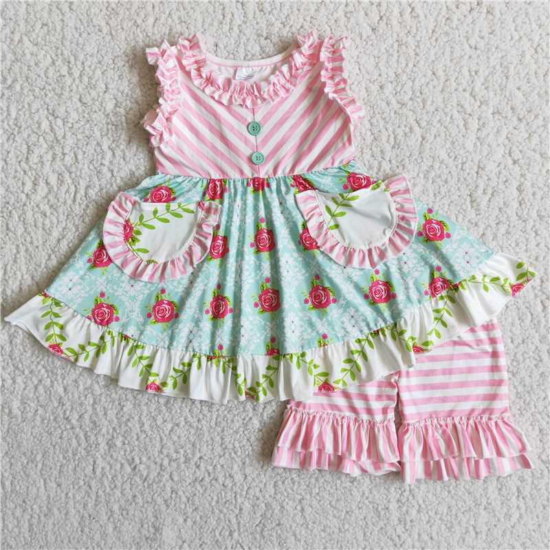 girls pocket sleeveless summer sets flower shorts 2 pieces outfits