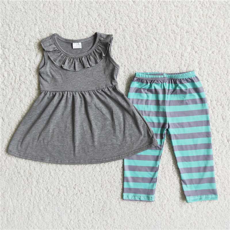 grey cotton top stripe pants girls sets kids clothes