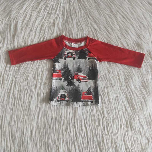 merry christmas boys long sleeve shirt christmas tree RED CAR