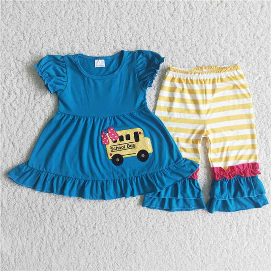 back to school girl sets embroidery bus suit