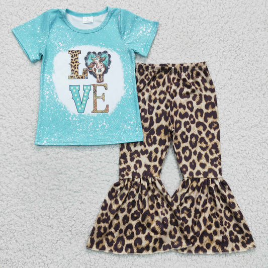 love cow shirt & leopard bell set girls suit kids clothes