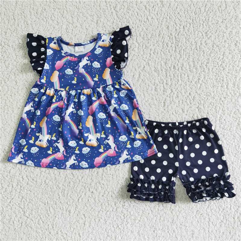 girls summer sets unicorn top & shorts suits