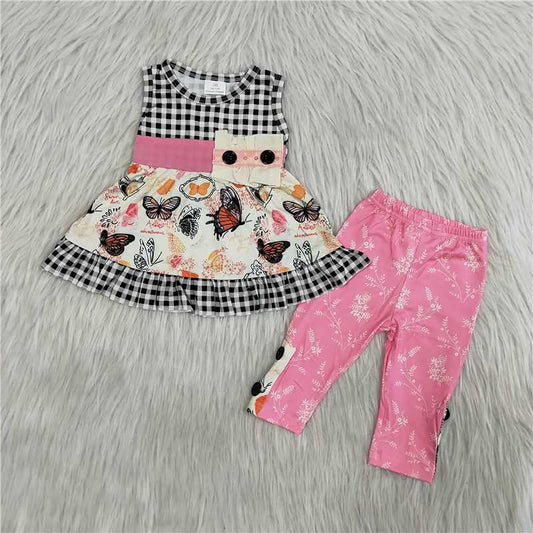 Butterfly top pink pants girls sets kids clothes