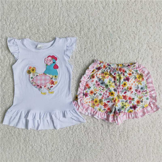 girls summer Embroidered Chicken shirt sets 2 pieces shorts outfits