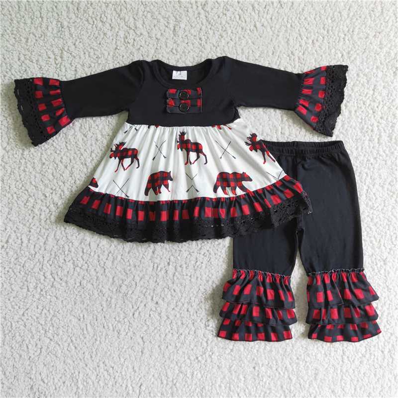 rts no moq deer long sleeve dress and pants 2 pieces christmas girls outfits