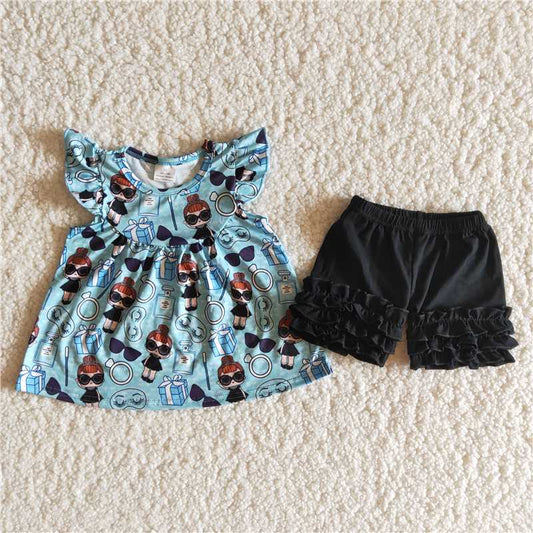 blue girls summer sets carton black shorts