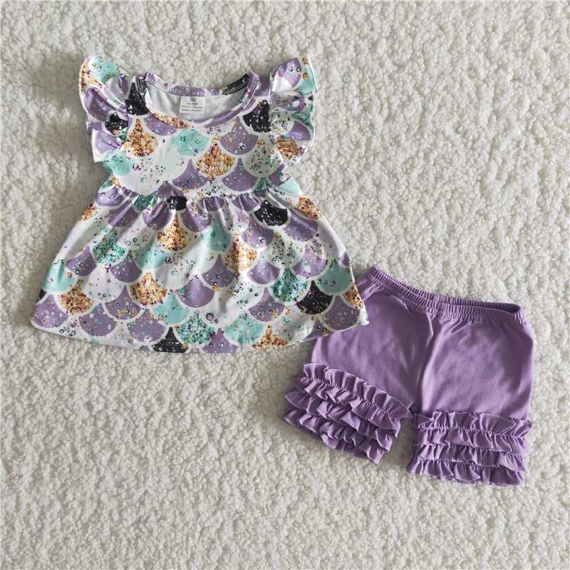 girls summer sets fish scales top & shorts suits