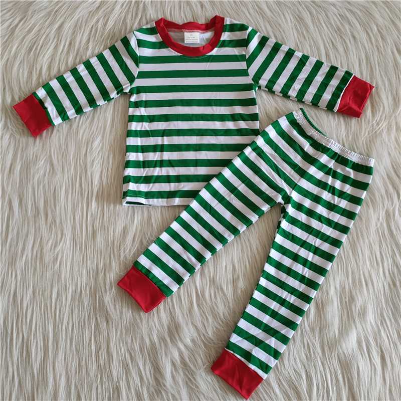 Christmas pajamas suit boys long sleeve pants 2 pieces outfits winter sets green stripes