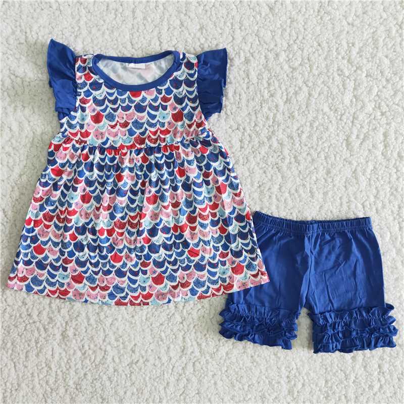 girls summer sets fish scales top & shorts suits