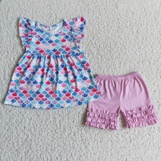 girls summer sets fish scales top & shorts suits