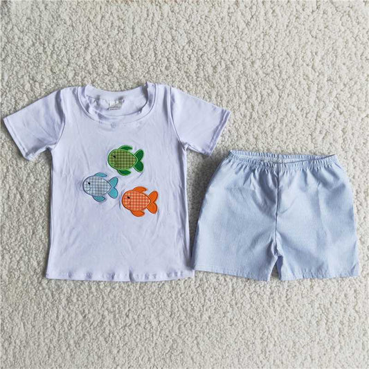 small fish embroidery boys summer sets