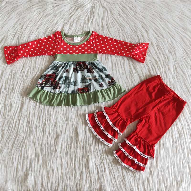 Christmas tree girls outfits long sleeve dress and pants 2 pieces winter sets