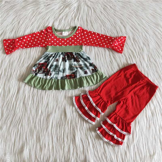 Christmas tree girls outfits long sleeve dress and pants 2 pieces winter sets