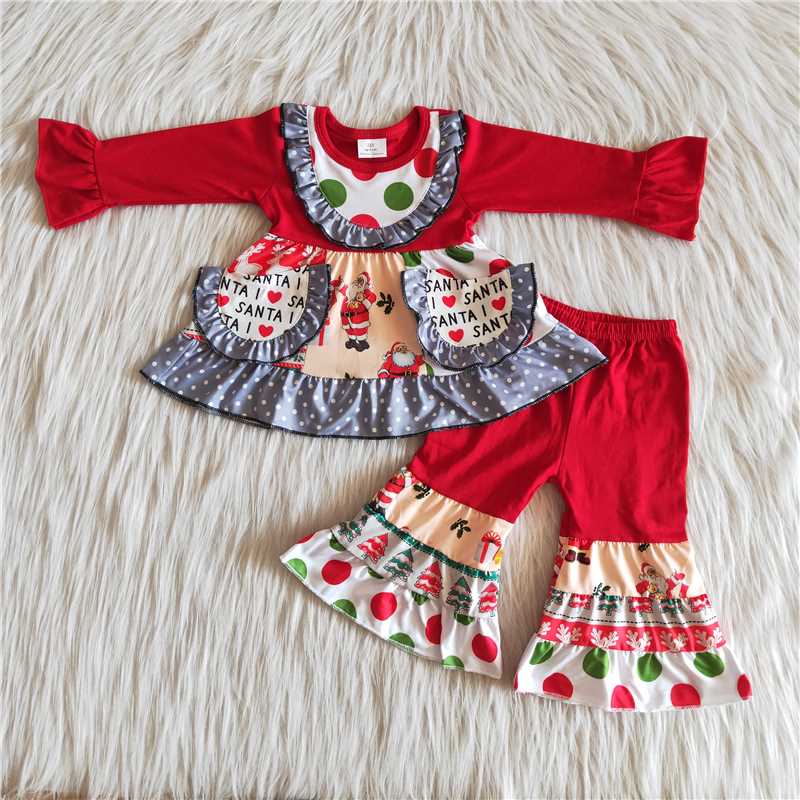 Christmas girls outfits long sleeve pocket dress and pants 2 pieces winter sets