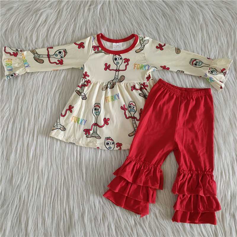 Cartoon top and red ruffles pants 2 pieces sale girls outfit