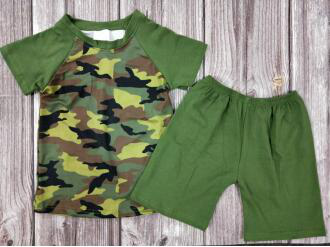 green camo boys summer sets short sleeve shirt and shorts 2pcs suit