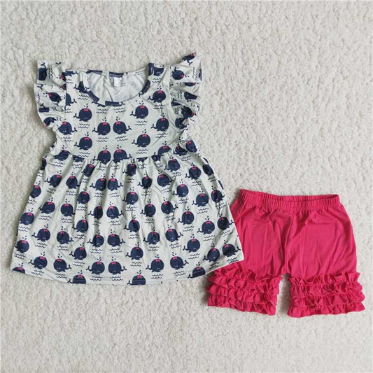 girls summer sets whale top & shorts suits