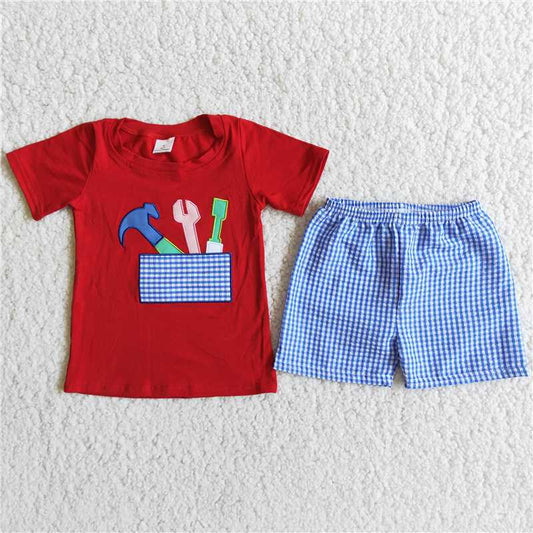 tool embroidery boys summer sets red short sleeve shirt