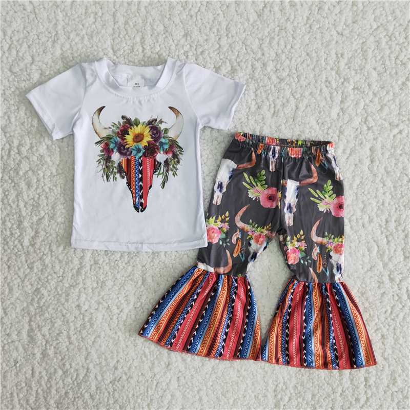 cow sunflower top bell pants girls sets kids clothes