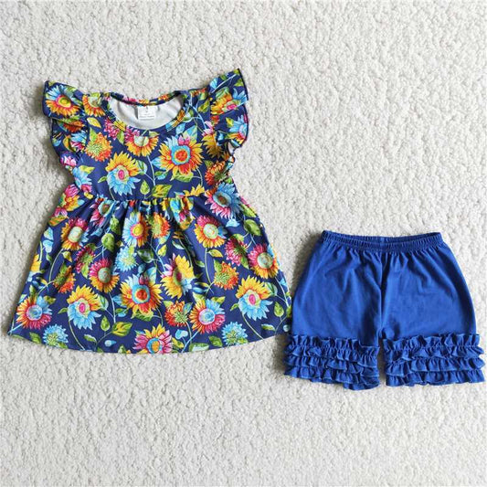 girls set summer sunflower shirt & shorts sets