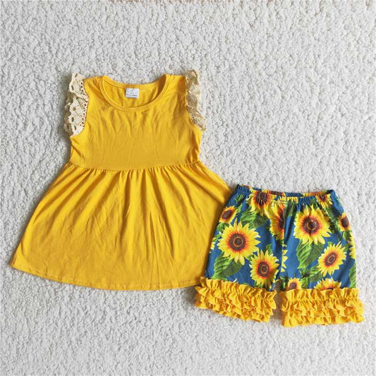 girls set summer lace cotton top & sunflower shorts sets