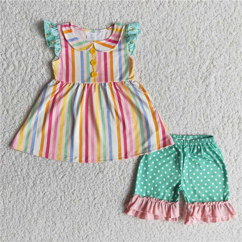 colorful stripe girls summer shirt sets 2 pieces shorts outfits