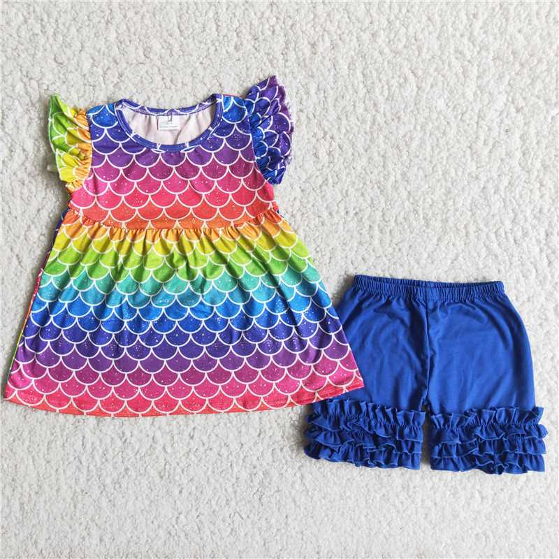 girls summer sets fish scales top & shorts suits