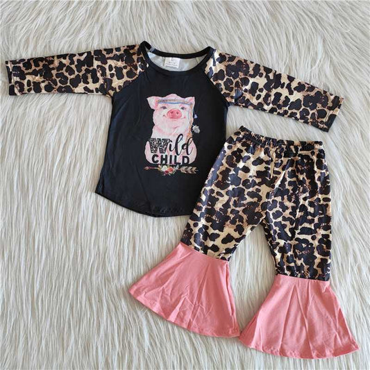 pig top leopard bell 2 pieces girls outfits kids clothing