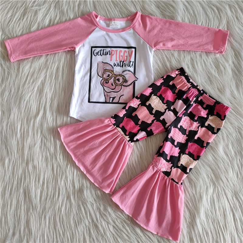 piggy shirt and bell pants 2 pieces girls outfits kids clothing