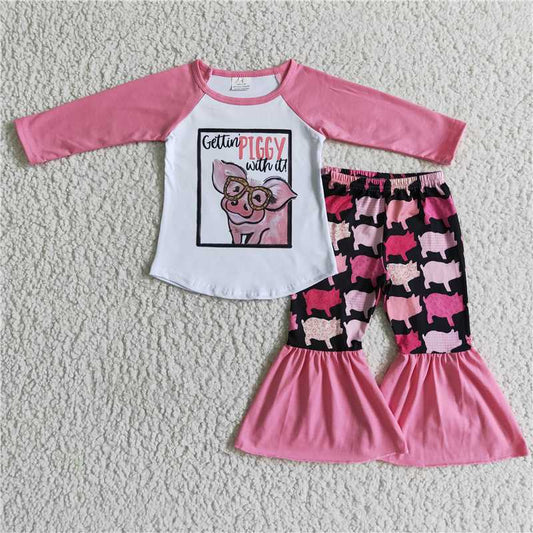 piggy shirt and bell pants 2 pieces girls outfits kids clothing