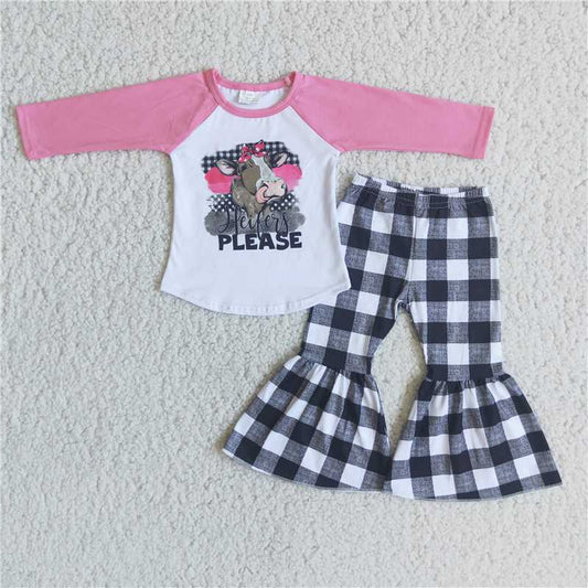 cow top and black and white plaid bell pants 2 pieces girls outfits kids clothing