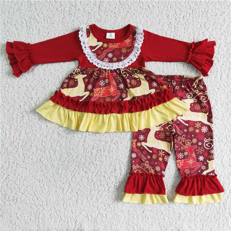 Christmas deer pocket girls outfits dress pants 2 pieces winter sets