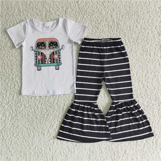 bus top stripe bell pants girls sets kids clothes